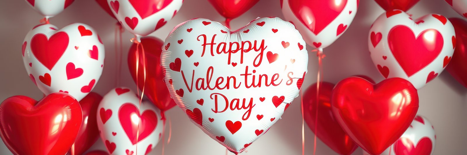 Colorful heart-shaped balloons decorate a festive space for Valentine's Day celebration